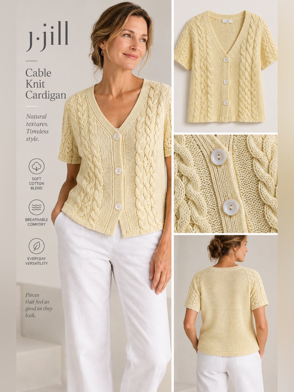 J. Jill Pale Yellow Cable Knit V-Neck Short-Sleeve Cardigan LP